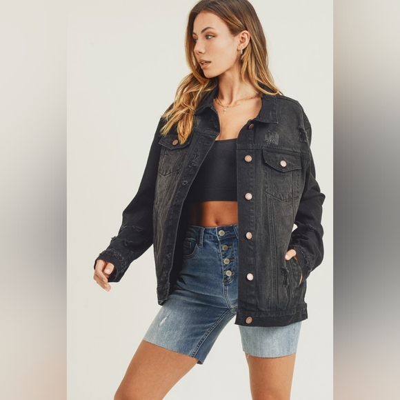 RISEN Distressed Cotton Torn Denim Jean Jacket Long Sleeve Black Button Collar - Picture 15 of 16